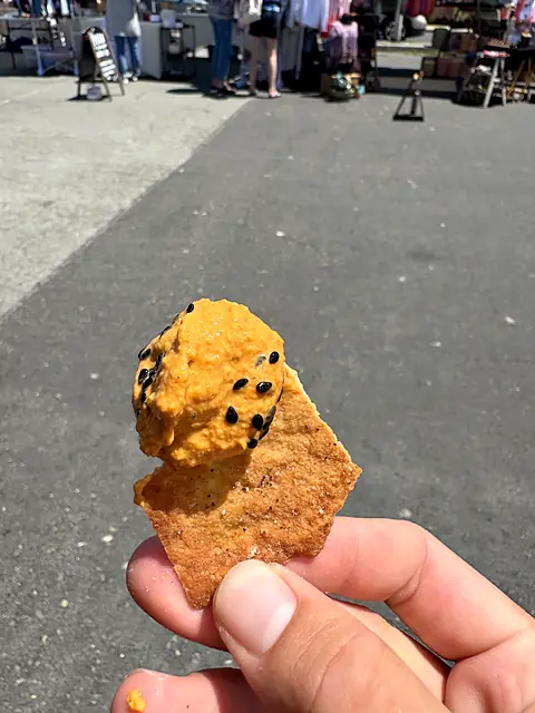 A pita chip loaded with Berbere hummus and black sesame