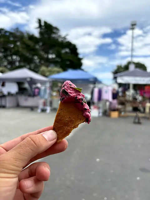 A pita chip loaded with Red Beet hummus